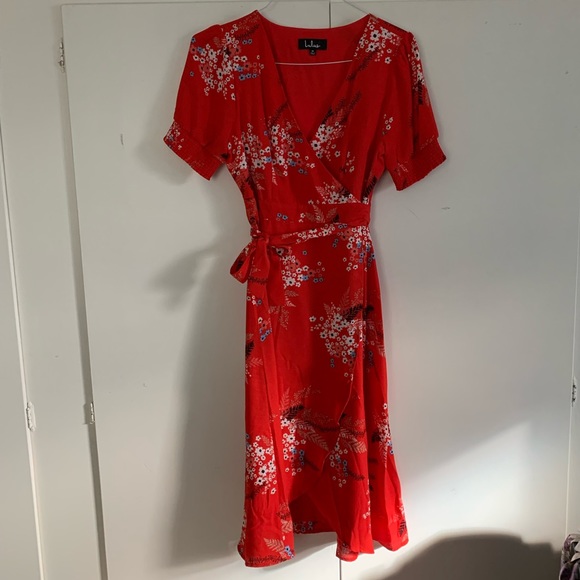 Lulus All the Sweetness Red Floral Print Puff Sleeve Midi Wrap Dress - Picture 3 of 9